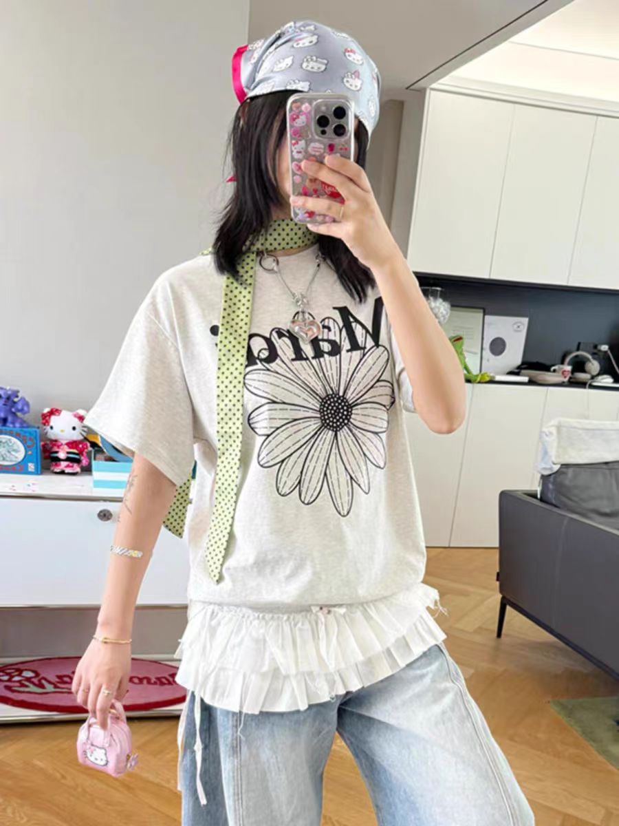 200g combed and tight-fitting sprinkler, pure cotton backpack, spring and summer loose shoulder printed short-sleeved T-shirt