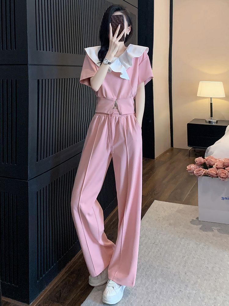 Set for 2025: New Women's Summer Outfit, Loose Cover-Belly Top with Gathered Ankle Pants, Casual Large Size Two-Piece Set