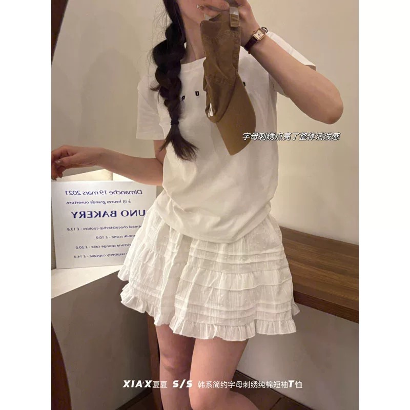 Printed front shoulder short-sleeved T-shirt for women in summer new niche American pure cotton slim T-shirt top