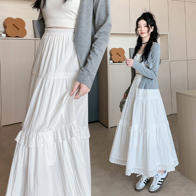 Real shot Korean white skirt for women in summer high waist A-line umbrella skirt super fairy small mid-length cake skirt