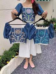 Summer imitation denim embroidered floral square collar chiffon spliced ​​sweater for women hollowed-out niche gentle top