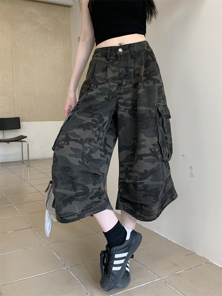 實拍美式復古迷彩牛仔七分褲女夏季辣妹炸街高腰寬鬆工裝短褲