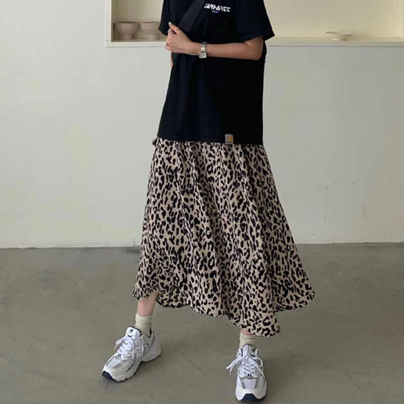Little leopard print flower high waist slim skirt spring and summer small person artistic A-line skirt irregular midi skirt