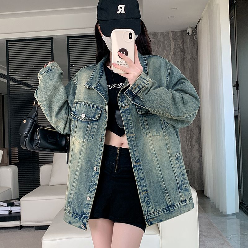 Real shot ~ Sweet and cool washing old denim jacket women's spring loose oversize jacket denim top