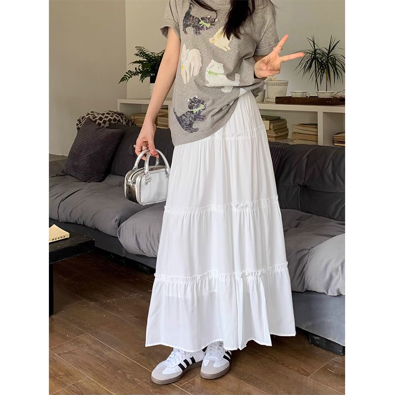 夏季薄款溫柔女高腰顯瘦2025新款高個子中長蛋糕裙子＋上衣