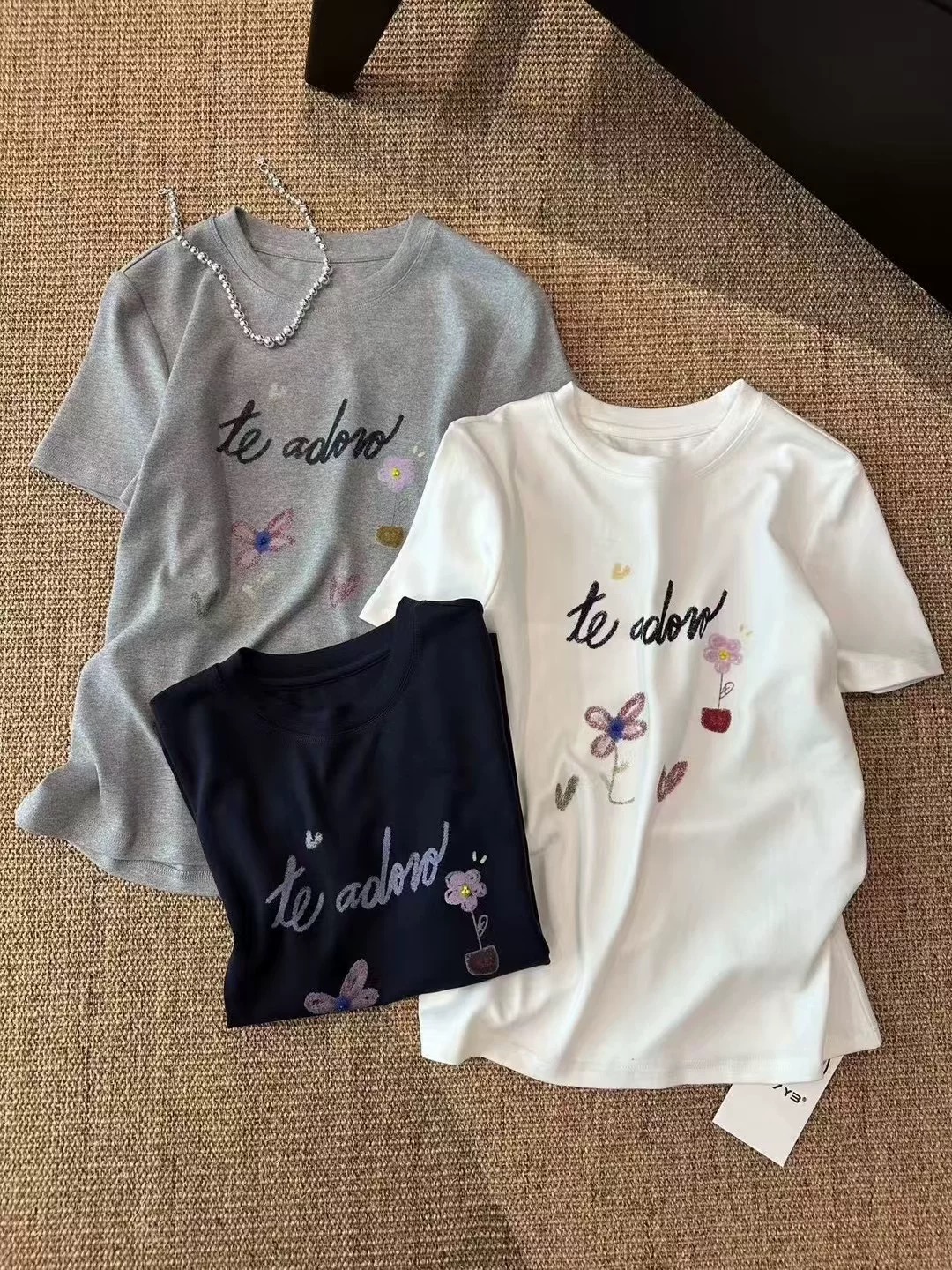 Printed front shoulder short-sleeved T-shirt for women in summer new niche American pure cotton slim T-shirt top