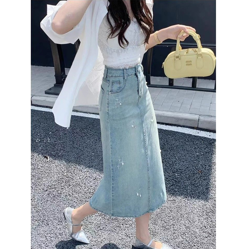 French high-end lace spliced ​​denim skirt for women in spring new fashionable style A-line mid-length skirt