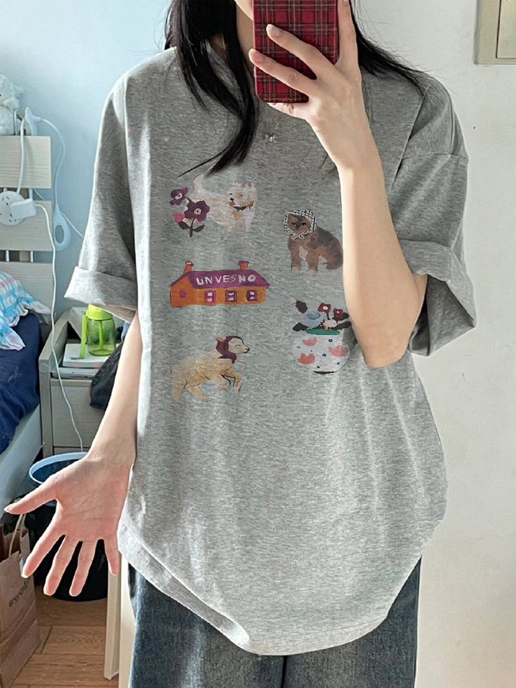 200g combed and tight-fitting sprinkler, pure cotton backpack, spring and summer loose shoulder printed short-sleeved T-shirt