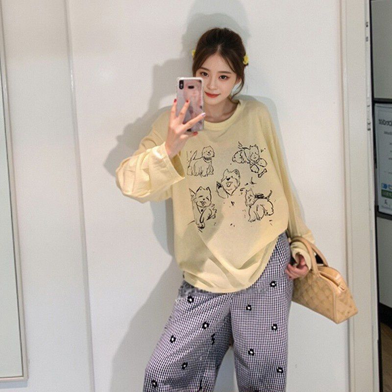 American graffiti printed yellow T-shirt for women in spring thin lazy style loose versatile top with sunscreen blouse
