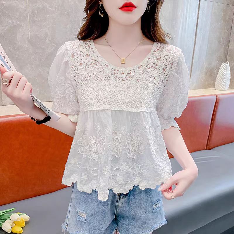Spring new Korean version versatile slim lace V-neck hollow flared sleeve shirt top