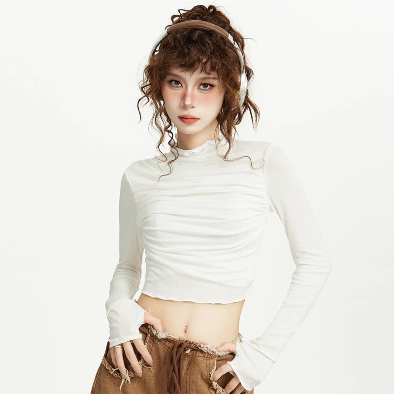 Hot girl short design white T-shirt for women in autumn and winter niche pure desire and navel reveal versatile long-sleeved base shirt top