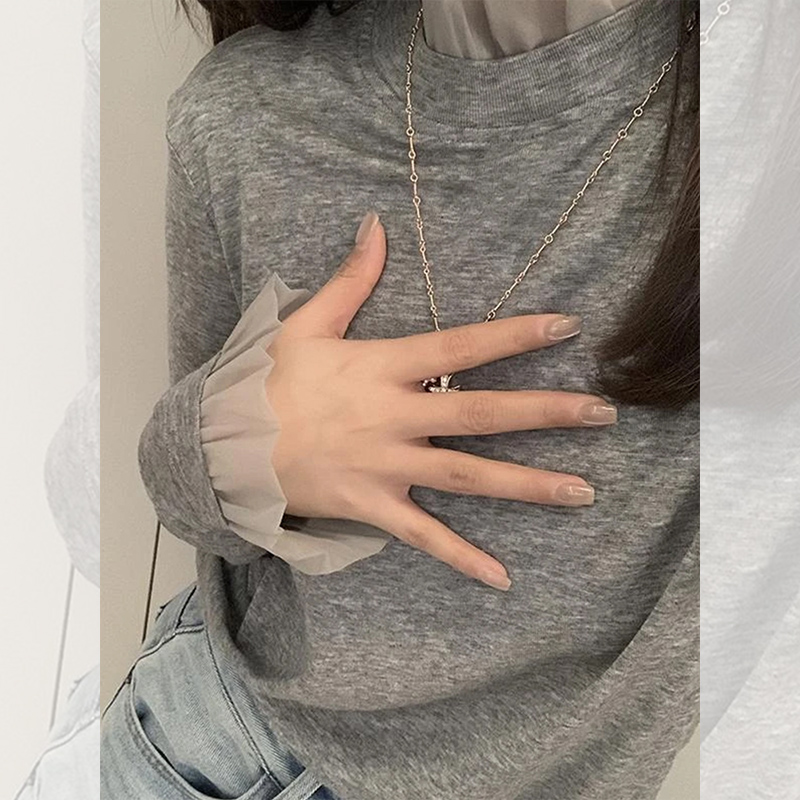 French gray half-high neck front shoulder long sleeve T-shirt for women in autumn and winter high-end inner bottoming shirt slim short top