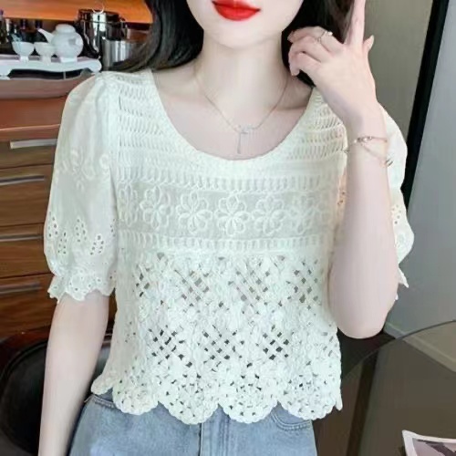 French hook-up hollow chiffon shirt for women in summer round neck puff sleeve top design unique and special short shirt