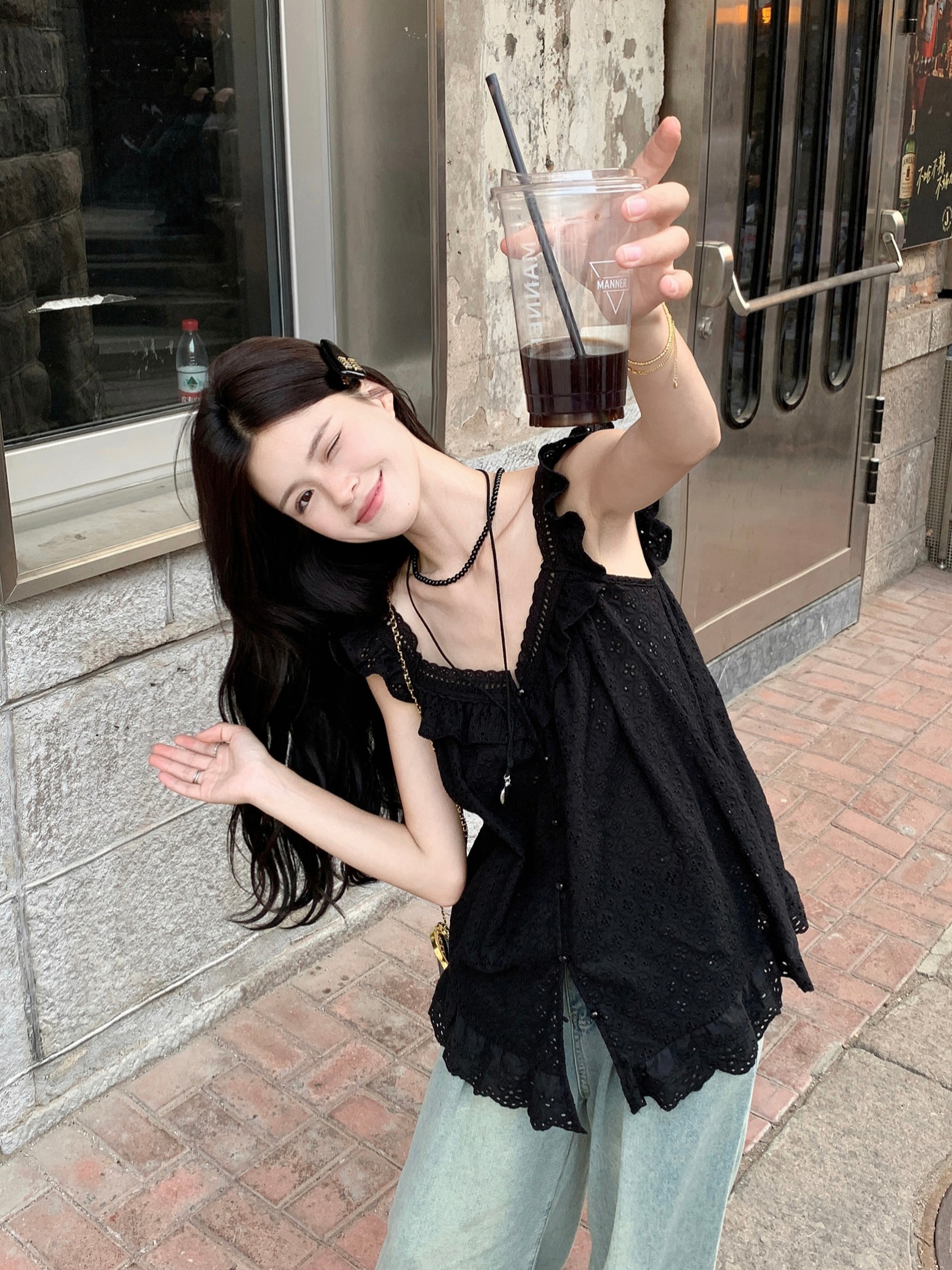 Real shot~Summer Korean black lace vest for women with small suspenders short slim top