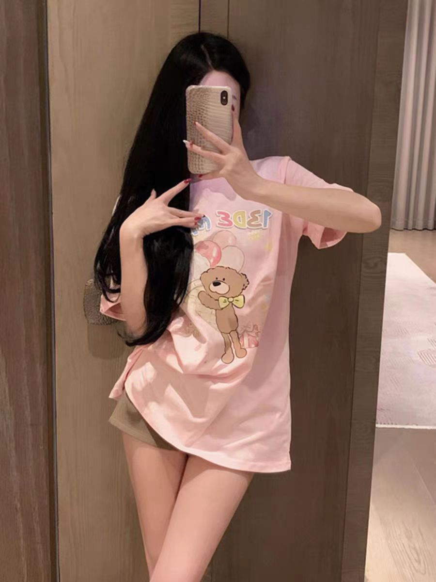 200g combed and tight-fitting sprinkler, pure cotton backpack, spring and summer loose shoulder printed short-sleeved T-shirt
