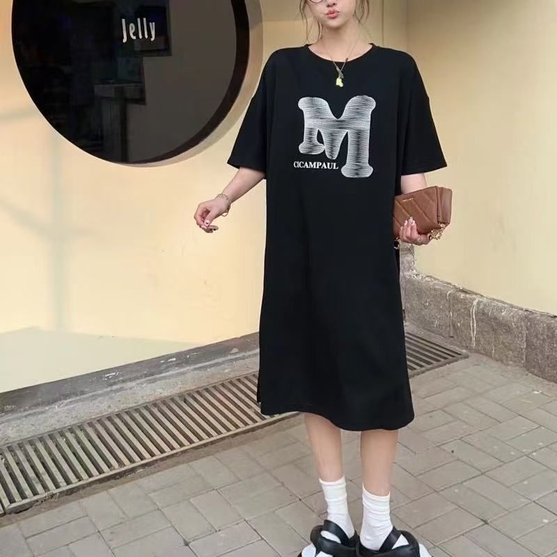 韓系美式復古東大門T恤連衣裙寬鬆開叉中長款裙子