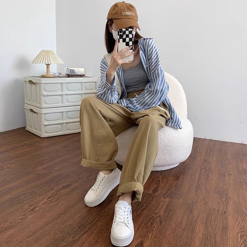 Khaki work pants for women in spring and summer high waist slimming pure cotton Japanese loose carrot pants casual straight pants wide-leg pants