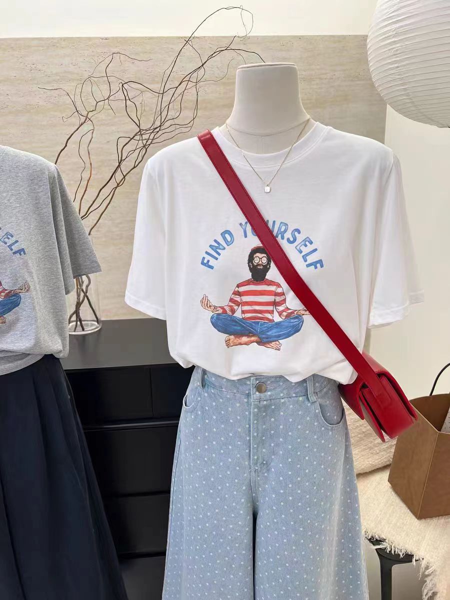 200g combed and tightly sequinated pure cotton back bag strips Spring and summer loose shoulder printed short-sleeved T-shirt