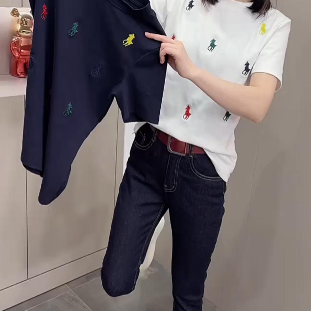 40-pin fine cotton heavy industry embroidery cartoon short-sleeved T-shirt in summer new loose slim and versatile fashionable age-reducing top
