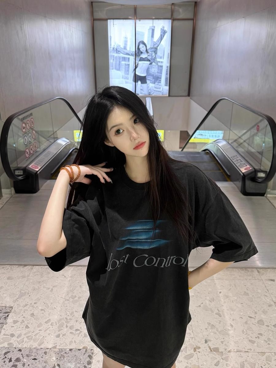 230g pure cotton collar spring and summer American retro loose large size top printed washing and old short-sleeved T-shirt