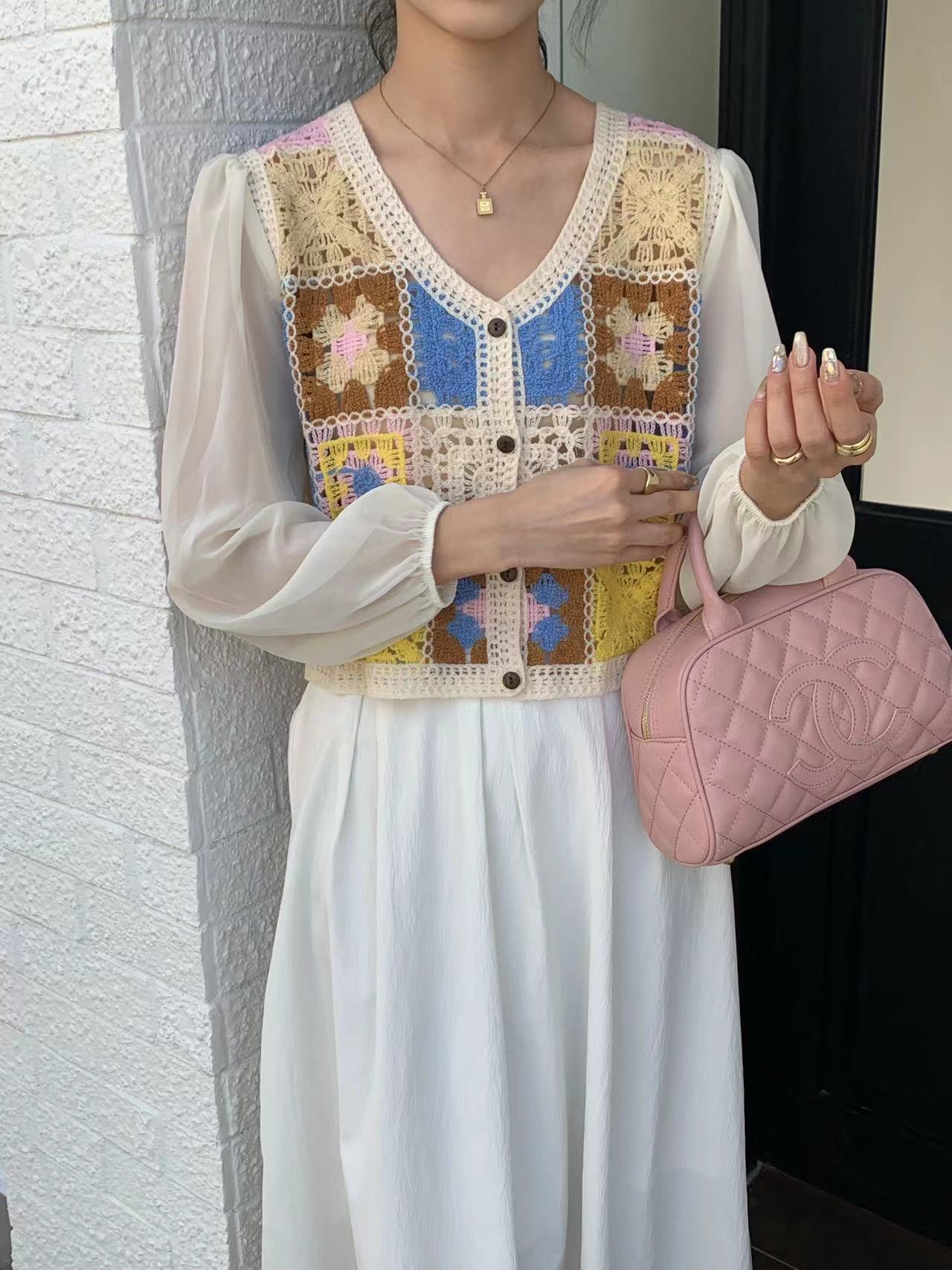 New spring French shirt for women design sense hollow hook spliced ​​chiffon long-sleeved top for women