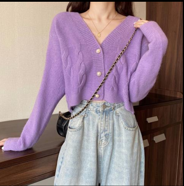 New Korean style ultra-short knitted cardigan for women's shawl jacket with high waist V-neck twist loose versatile sweater
