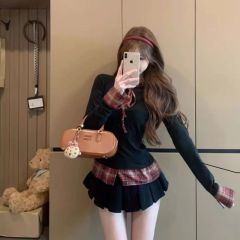 格紋拼接假兩件綁帶長袖T恤女春季設計感修身收腰上衣