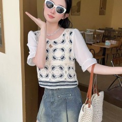 Chiffon puff short sleeve splicing embroidered lace shirt for women in summer round neck French retro design short top