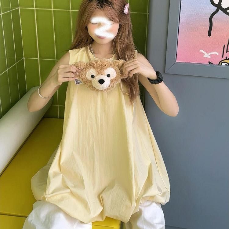 法式甜美純色褶皺設計感無袖背心連衣裙女2025夏寬鬆顯瘦花苞短裙