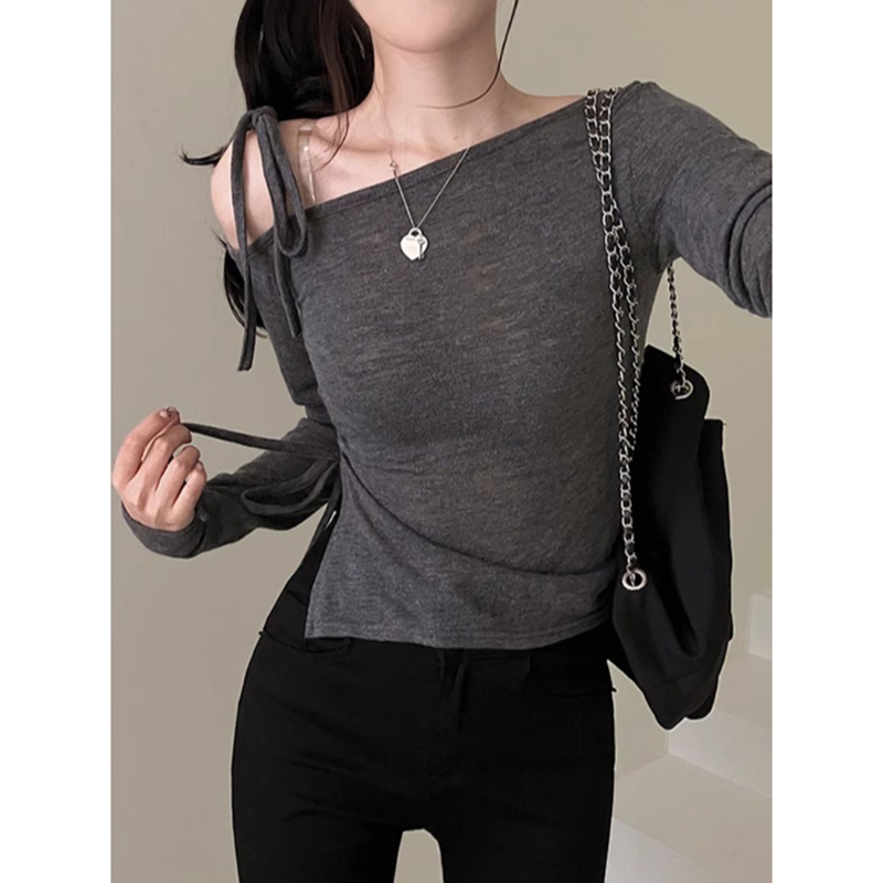 New Korean Dongdaemun Autumn Sweet and Playful Off-shoulder Lace Drawstring Slim-fit Knit T-shirt