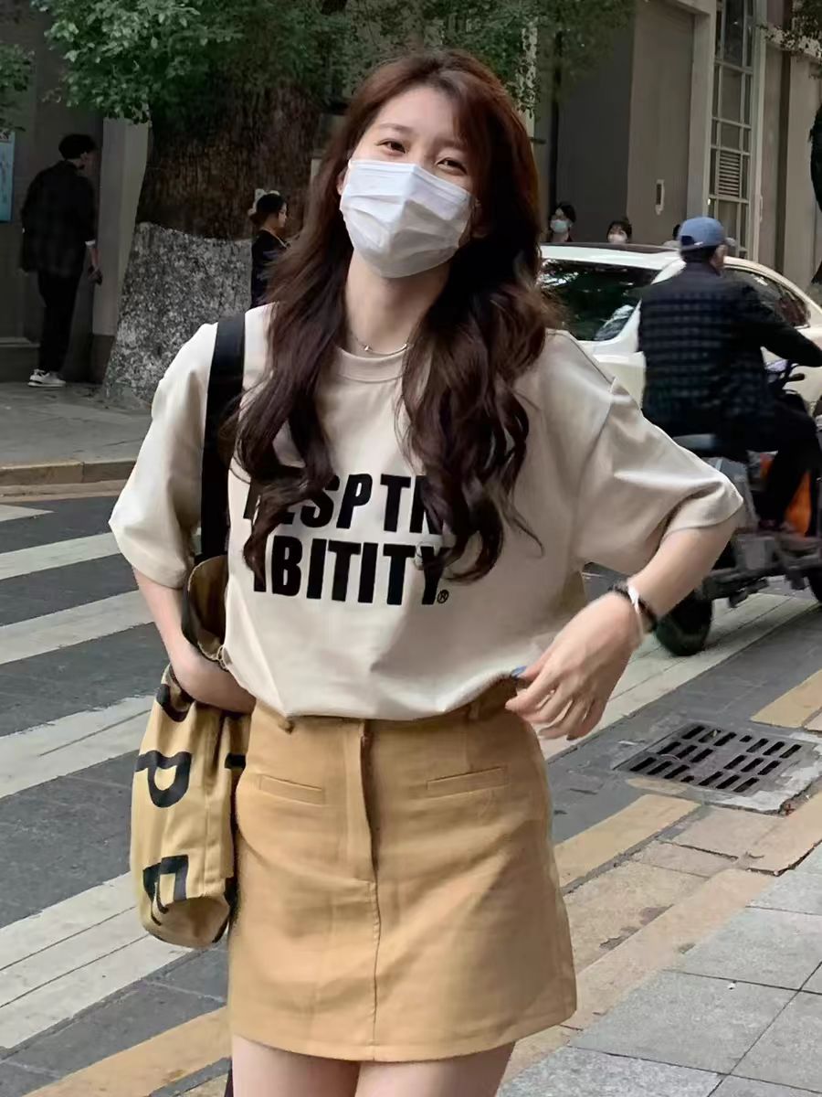 200g combed and tight-fitting sprinkler, pure cotton backpack, spring and summer loose shoulder printed short-sleeved T-shirt