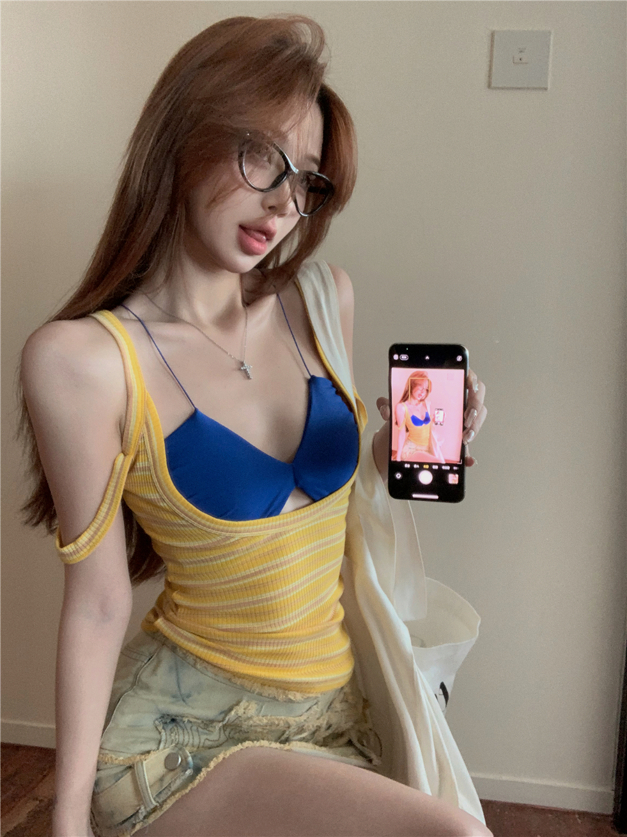 實拍性感撞色條紋針織掉肩U領修身前後兩穿吊帶背心+比基尼內衣女