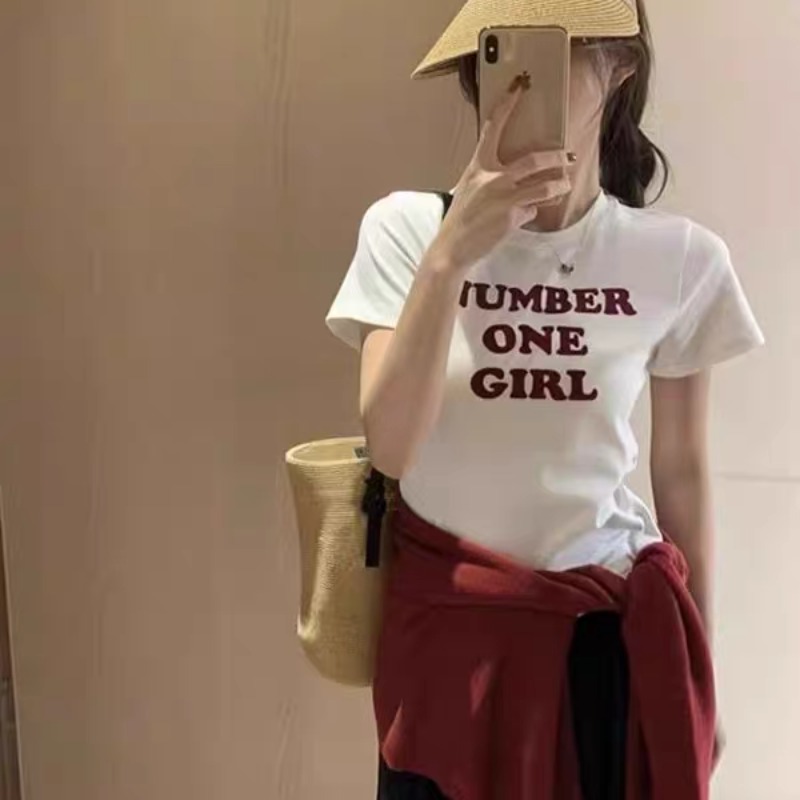 Printed front shoulder short-sleeved T-shirt for women in summer new niche American pure cotton slim T-shirt top