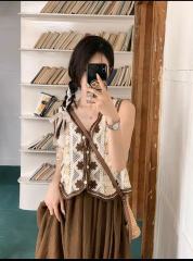 Button cardigan knitted vest for women in spring and autumn new V-neck short vest hook-up hollow vest sleeveless knitted sweater
