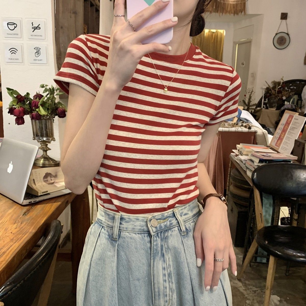 外貿原版新款韓版條紋打底衫夏季短袖T恤女裝美式修身上衣