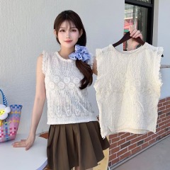 Chic and stunning design lace spliced ​​hollow round neck crochet knitted vest women's versatile top