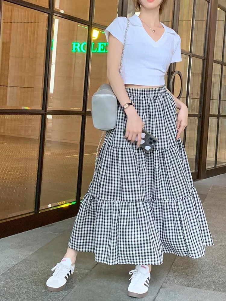 復古高腰顯瘦格子半身裙大裙擺蛋糕裙女休閒中長款設計感寬鬆港味