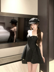 實拍復古性感V領露背收腰顯瘦吊帶禮服裙蝴蝶結胸墊連衣裙女