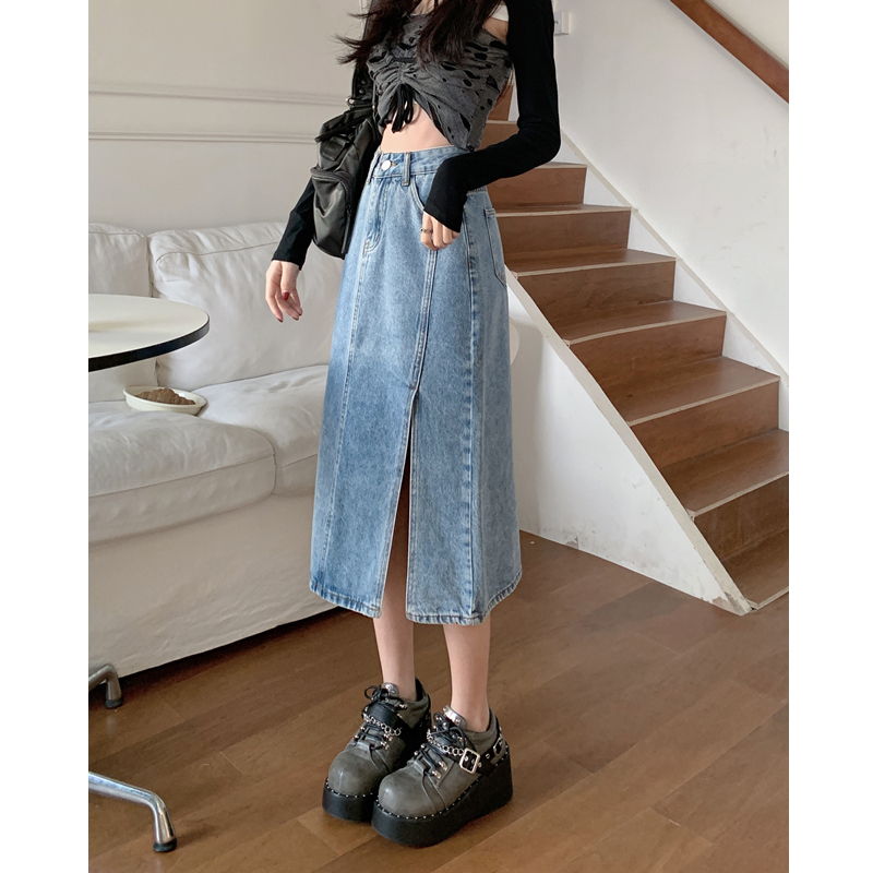 All-match Korean denim skirt skirt for women in spring and summer new high-waisted slim mid-length A-line hip denim skirt