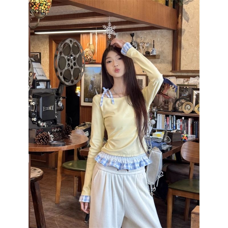 假兩件長袖t恤女春季小眾蕾絲拼接格子內搭打底衫上衣