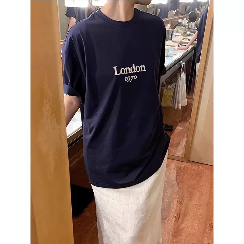 200g combed and tight spun in 2025, pure cotton back bag strip, spring and summer loose shoulder printed short-sleeved T-shirt