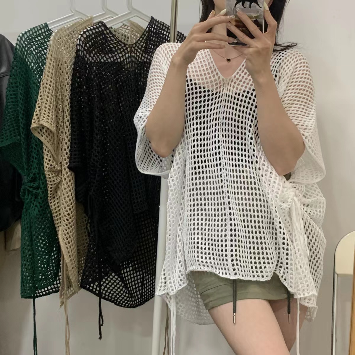 External wear foreign trade European and American women's equipment woven hollow irregular slit beach dress sunscreen blouse