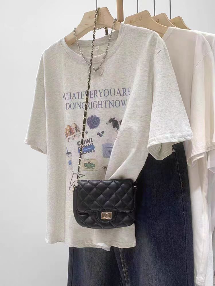200g combed and tight spun in 2025, pure cotton back bag strip, spring and summer loose shoulder printed short-sleeved T-shirt