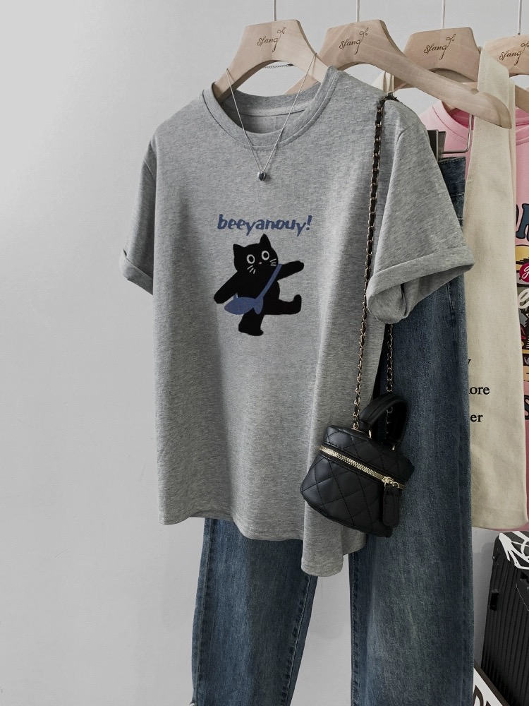 200g combed and tight spun in 2025, pure cotton back bag strip, spring and summer loose shoulder printed short-sleeved T-shirt