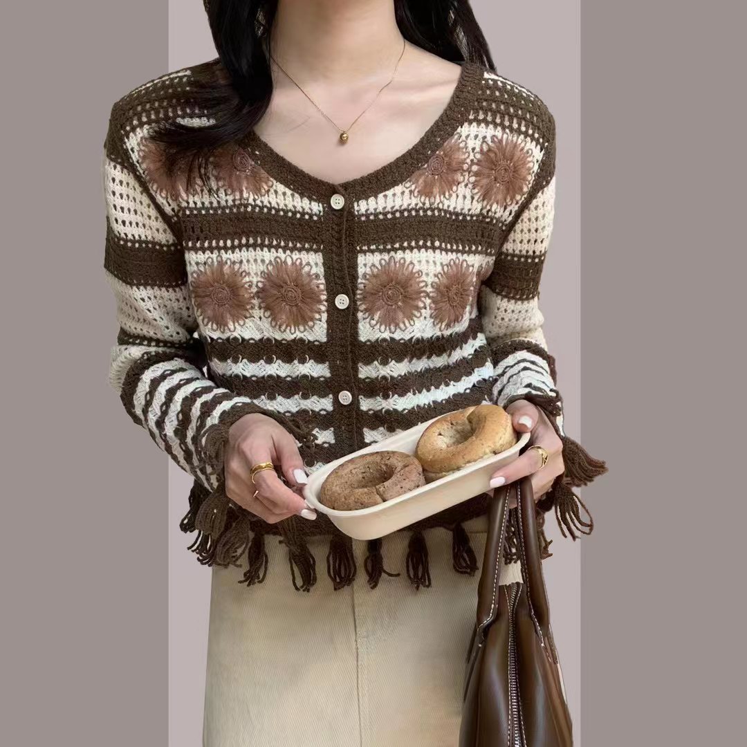 Autumn hollow tassel high-end Korean chic short cardigan top knit sweater for women