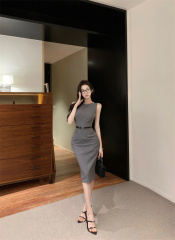 實拍 高智感海妖風一字領中長連衣裙夏修身收腰裙子