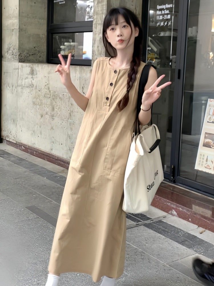 無袖休閒寬鬆連衣裙子夏季新款女裝氣質顯瘦釣系約會長裙海邊度假