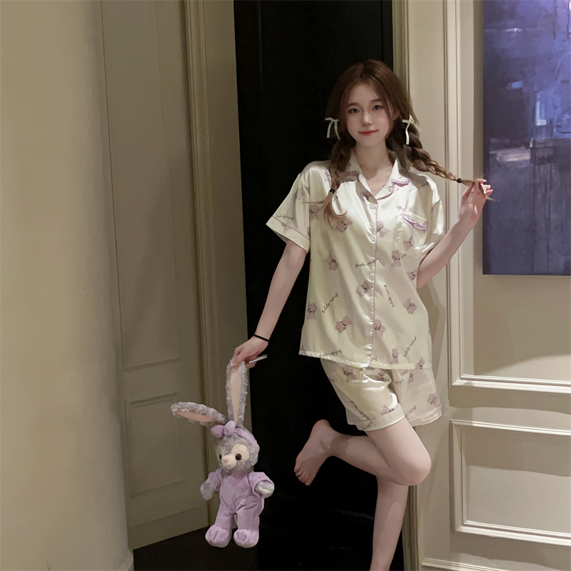 Real photos of Ins style cute little bear short-sleeved cardigan + shorts for outdoor wear and two-piece suit