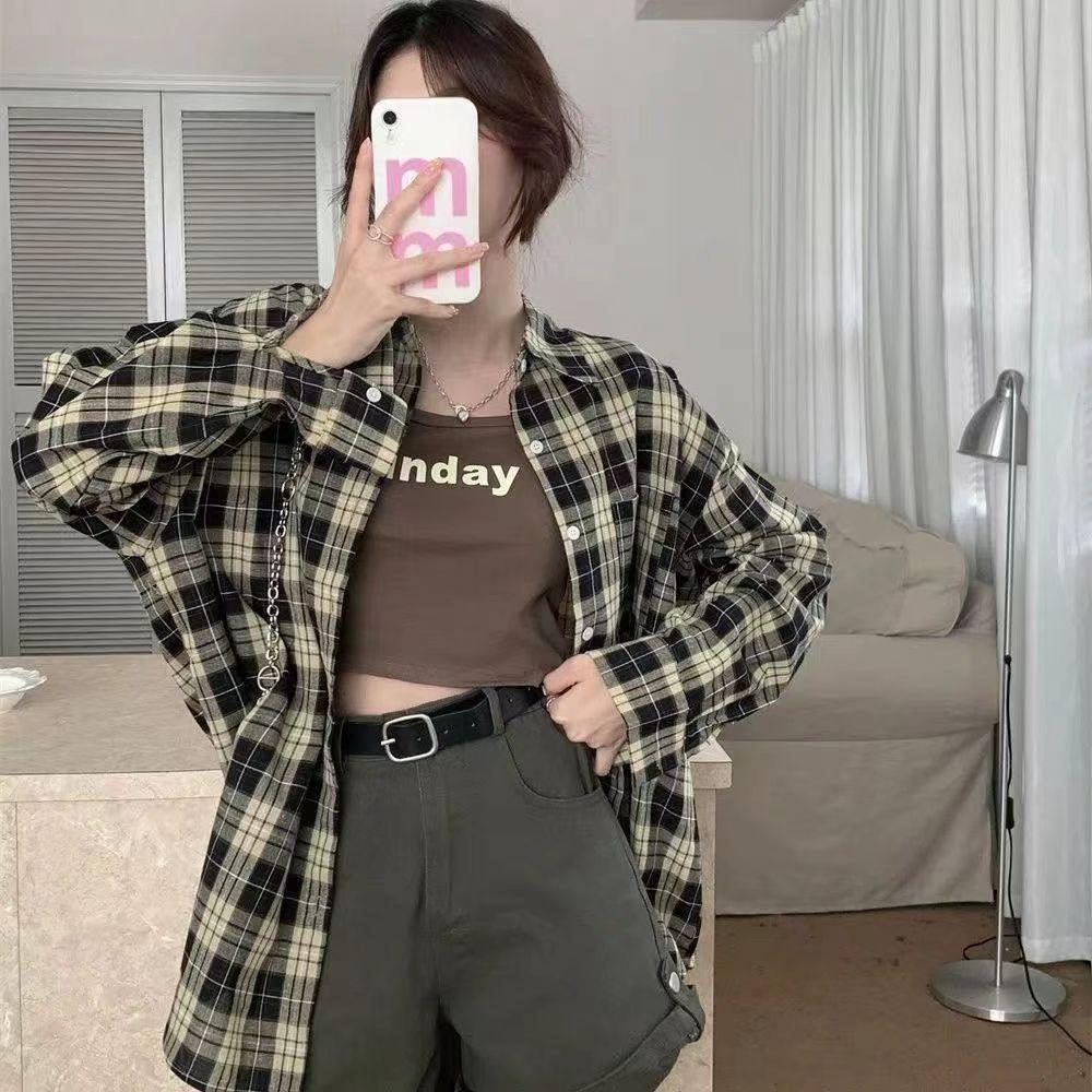 Hong Kong style retro plaid polo collar shirt for women for spring thin loose design mid-length sun protection jacket top