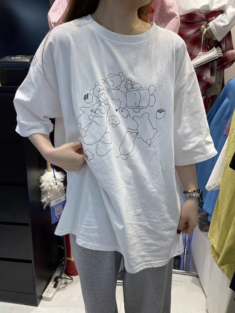 200g combed and tight spun in 2025, pure cotton back bag strip, spring and summer loose shoulder printed short-sleeved T-shirt